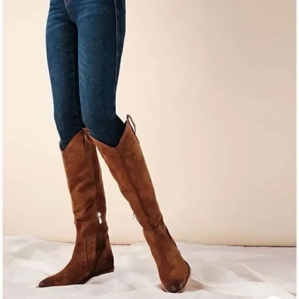 Free People Rue Brown Suede Slouch Western Boots Knee High EU 38 US 8 NWOB - Picture 2 of 14